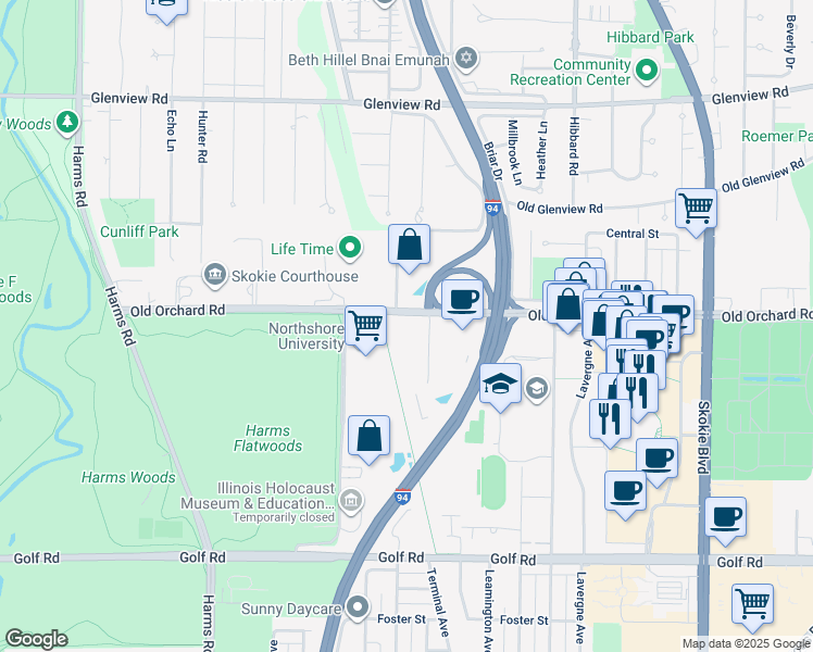 map of restaurants, bars, coffee shops, grocery stores, and more near 5225 Old Orchard Road in Skokie