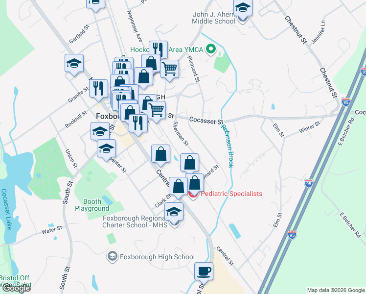 map of restaurants, bars, coffee shops, grocery stores, and more near 17 Sherman Street in Foxboro