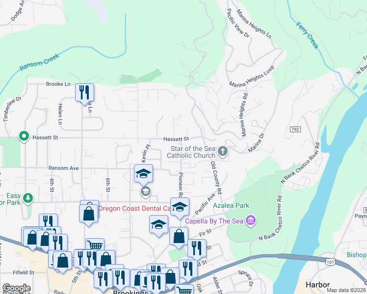 map of restaurants, bars, coffee shops, grocery stores, and more near 824 Pioneer Road in Brookings