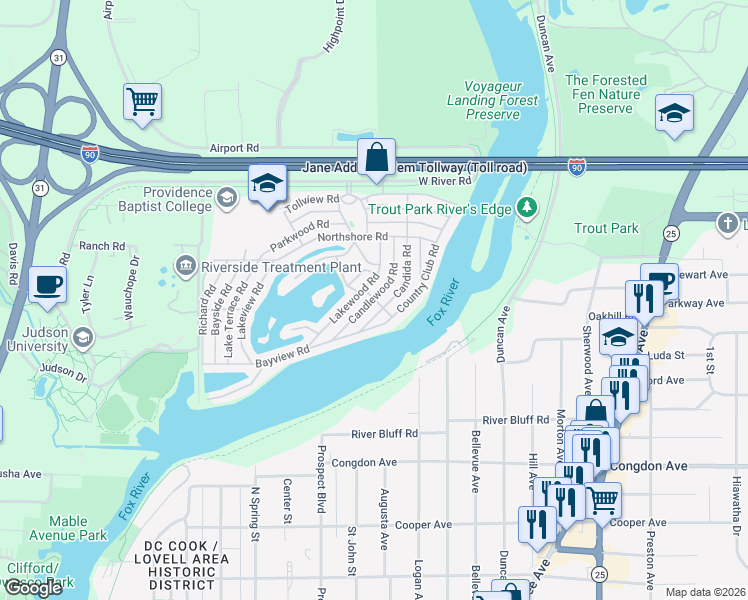 map of restaurants, bars, coffee shops, grocery stores, and more near 1123 Candlewood Road in Elgin