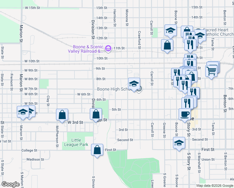 map of restaurants, bars, coffee shops, grocery stores, and more near 302 West 6th Street in Boone