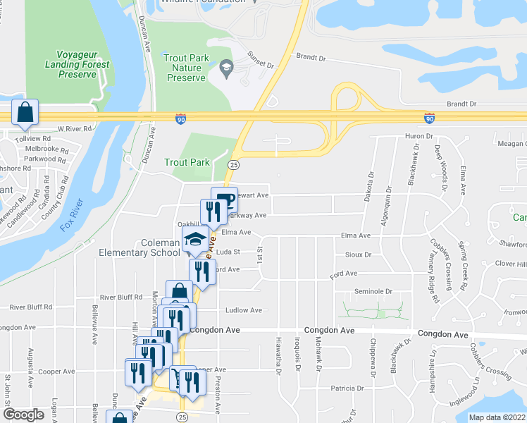 map of restaurants, bars, coffee shops, grocery stores, and more near 718 Parkway Avenue in Elgin