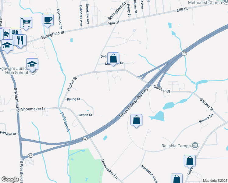 map of restaurants, bars, coffee shops, grocery stores, and more near 53 Orlando Street in Agawam