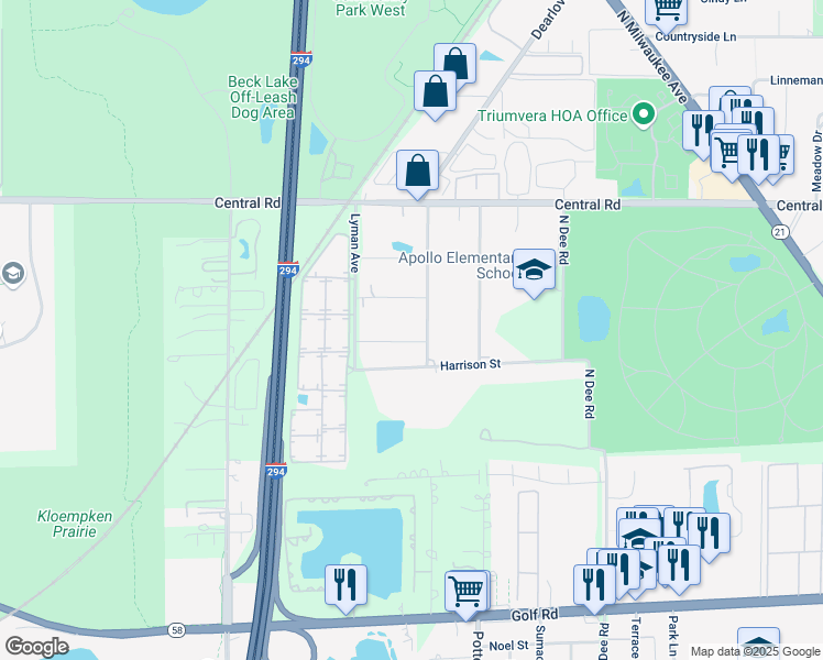 map of restaurants, bars, coffee shops, grocery stores, and more near 9509 West Oak Place in Des Plaines