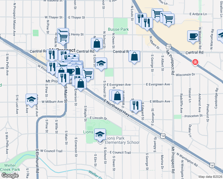map of restaurants, bars, coffee shops, grocery stores, and more near 216 South Owen Street in Mount Prospect