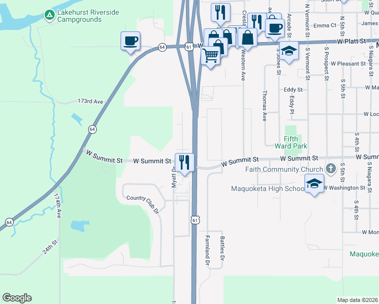map of restaurants, bars, coffee shops, grocery stores, and more near 3267-3377 U.S. 61 in Maquoketa