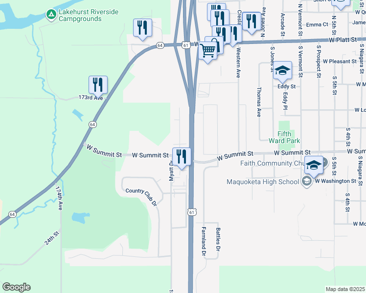map of restaurants, bars, coffee shops, grocery stores, and more near 1000-1010 West Summit Street in Maquoketa