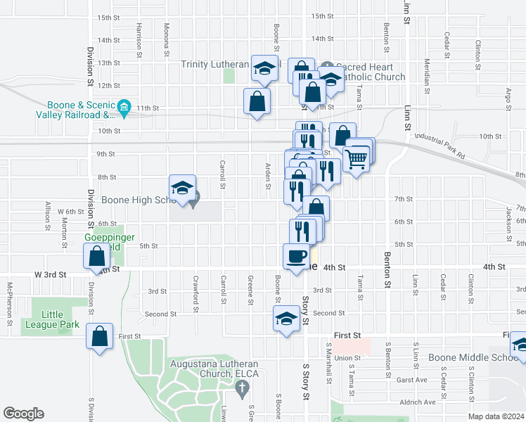 map of restaurants, bars, coffee shops, grocery stores, and more near 527 Boone Street in Boone