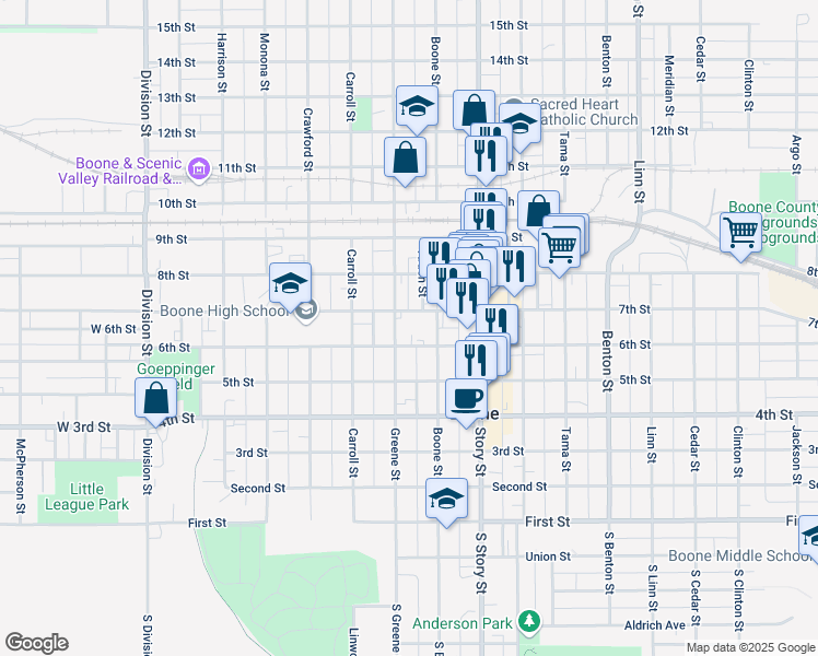 map of restaurants, bars, coffee shops, grocery stores, and more near 527 Greene Street in Boone
