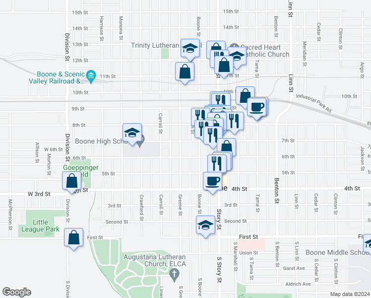 map of restaurants, bars, coffee shops, grocery stores, and more near 527 Greene Street in Boone