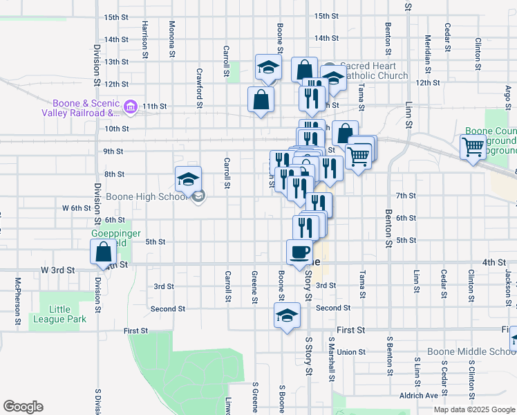 map of restaurants, bars, coffee shops, grocery stores, and more near 527 Greene Street in Boone