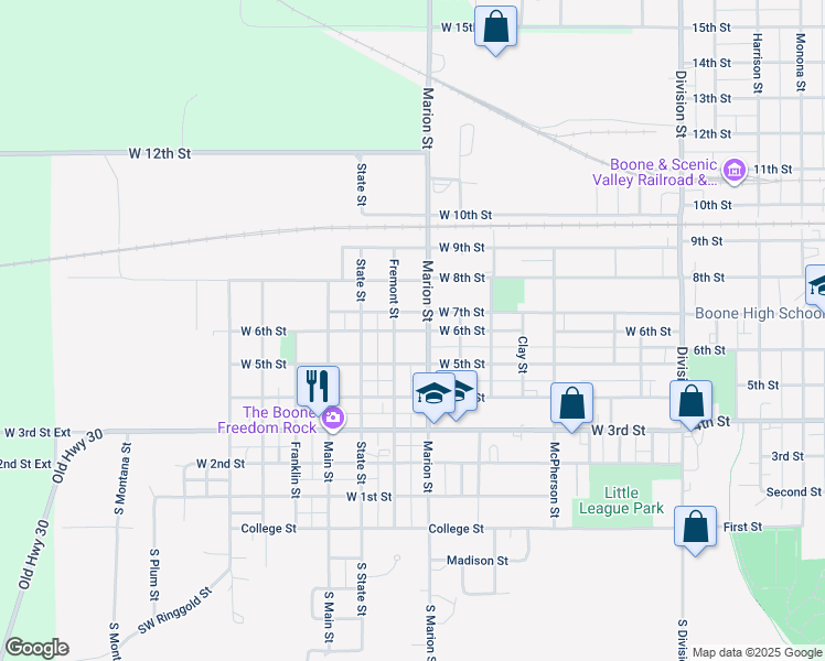 map of restaurants, bars, coffee shops, grocery stores, and more near 503 Marion Street in Boone