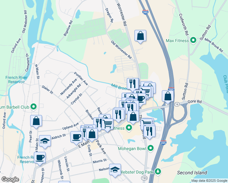 map of restaurants, bars, coffee shops, grocery stores, and more near 52 Hartley Street in Webster