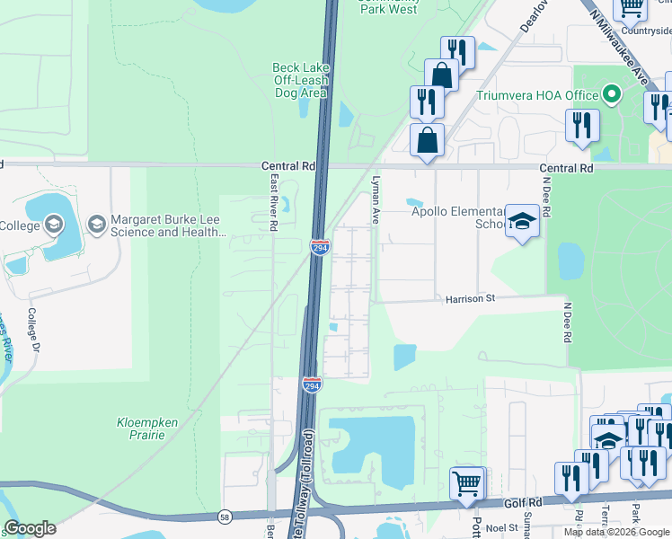 map of restaurants, bars, coffee shops, grocery stores, and more near 10037 Linda Lane in Des Plaines