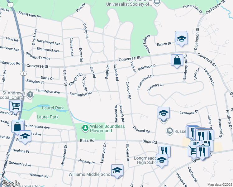 map of restaurants, bars, coffee shops, grocery stores, and more near 341 Farmington Road in Longmeadow