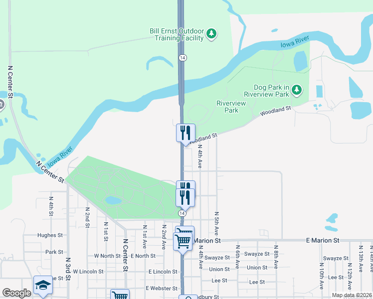 map of restaurants, bars, coffee shops, grocery stores, and more near 998 N 4th Ave in Marshalltown