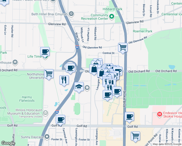map of restaurants, bars, coffee shops, grocery stores, and more near 9800 Lawler Avenue in Skokie