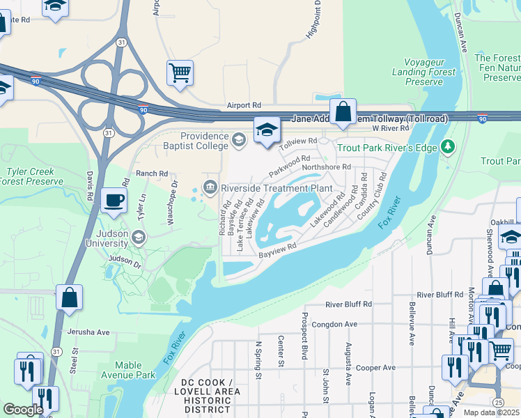 map of restaurants, bars, coffee shops, grocery stores, and more near 1131 Lakeview Road in Elgin