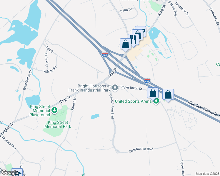 map of restaurants, bars, coffee shops, grocery stores, and more near 17-33 Constitution Blvd in Franklin