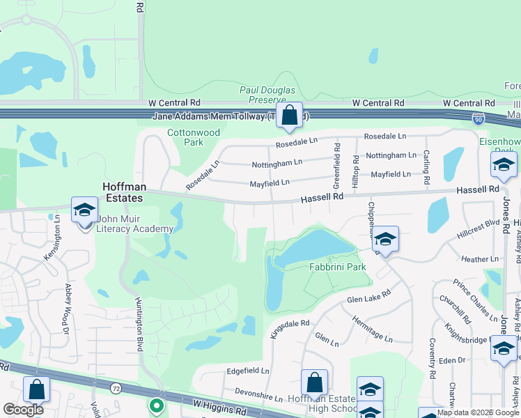 map of restaurants, bars, coffee shops, grocery stores, and more near 1419 Hassell Place in Hoffman Estates
