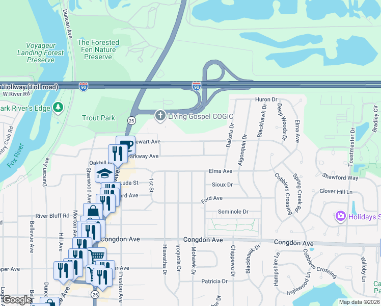 map of restaurants, bars, coffee shops, grocery stores, and more near 796 Parkway Avenue in Elgin