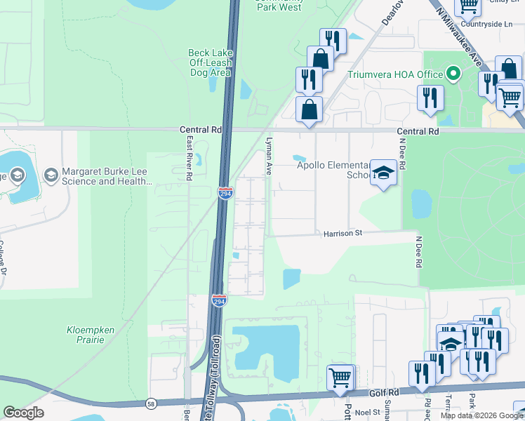 map of restaurants, bars, coffee shops, grocery stores, and more near 10048 Holly Lane in Des Plaines