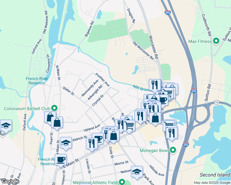 map of restaurants, bars, coffee shops, grocery stores, and more near 7 Girard Street in Webster