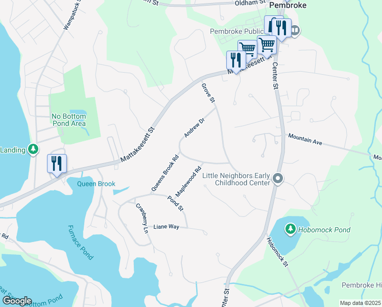 map of restaurants, bars, coffee shops, grocery stores, and more near 7 Andrew Drive in Pembroke