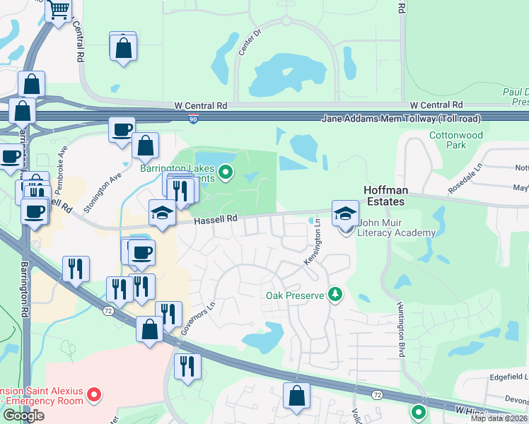 map of restaurants, bars, coffee shops, grocery stores, and more near 2100 Hassell Road in Hoffman Estates