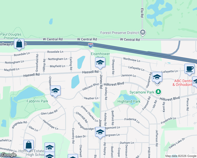 map of restaurants, bars, coffee shops, grocery stores, and more near 816 West Lakeside Plaza in Hoffman Estates