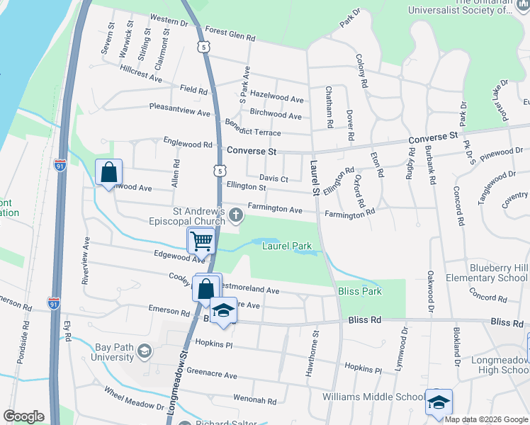 map of restaurants, bars, coffee shops, grocery stores, and more near 65 Farmington Avenue in Longmeadow