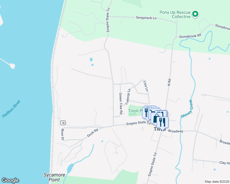 map of restaurants, bars, coffee shops, grocery stores, and more near 50 Woods Road in Tivoli