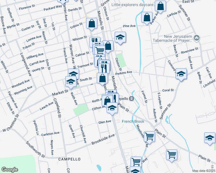 map of restaurants, bars, coffee shops, grocery stores, and more near 10 East Market Street in Brockton