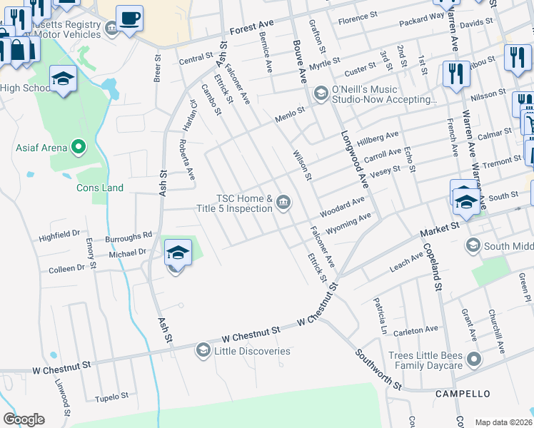 map of restaurants, bars, coffee shops, grocery stores, and more near 177 Cambo Street in Brockton