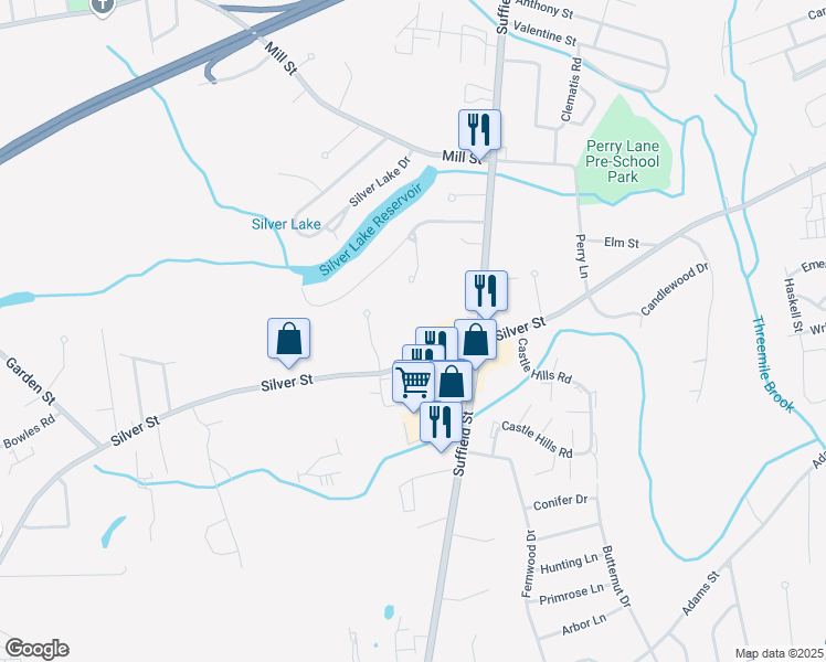map of restaurants, bars, coffee shops, grocery stores, and more near 2 Belden Court in Agawam