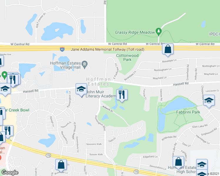 map of restaurants, bars, coffee shops, grocery stores, and more near 2001 East Parkview Circle in Hoffman Estates