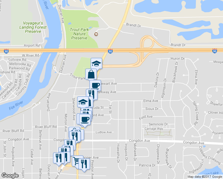 map of restaurants, bars, coffee shops, grocery stores, and more near 716 Stewart Avenue in Elgin
