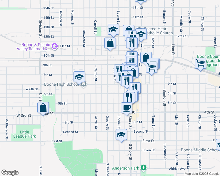 map of restaurants, bars, coffee shops, grocery stores, and more near 701 Greene Street in Boone