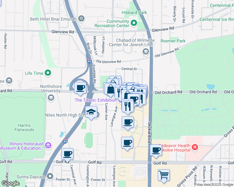 map of restaurants, bars, coffee shops, grocery stores, and more near 4999 Old Orchard Shopping Center in Skokie