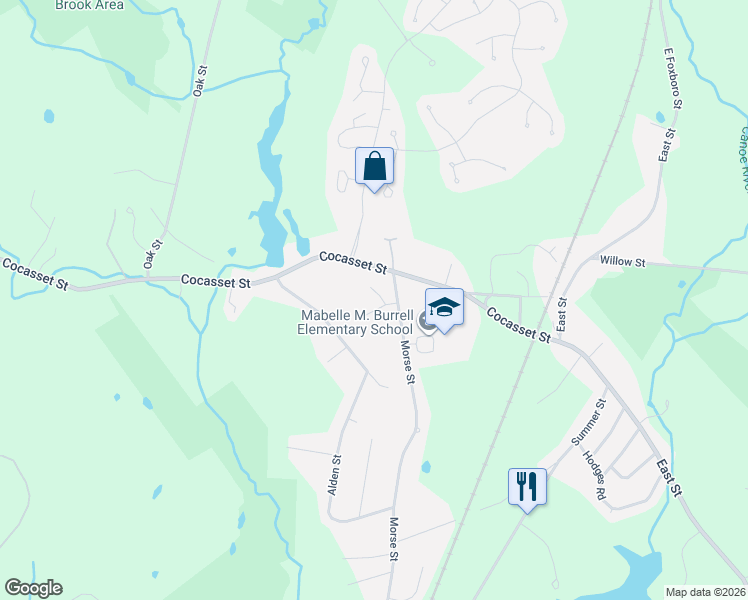 map of restaurants, bars, coffee shops, grocery stores, and more near 291 Cocasset Street in Foxborough