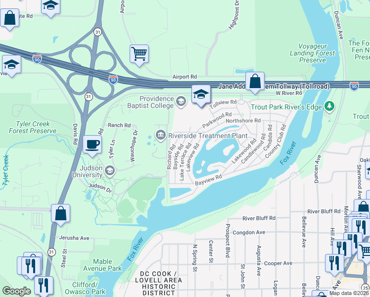 map of restaurants, bars, coffee shops, grocery stores, and more near 1153 Richard Road in Elgin