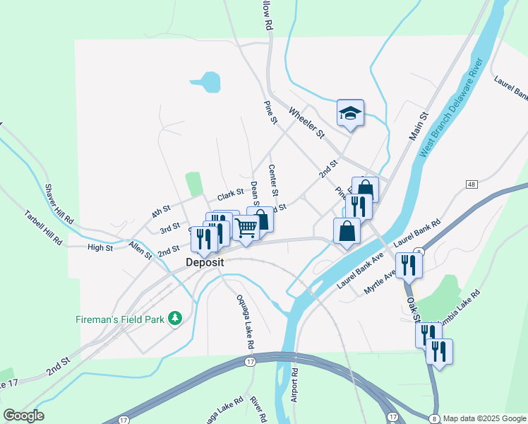 map of restaurants, bars, coffee shops, grocery stores, and more near 16 Dean Street in Deposit