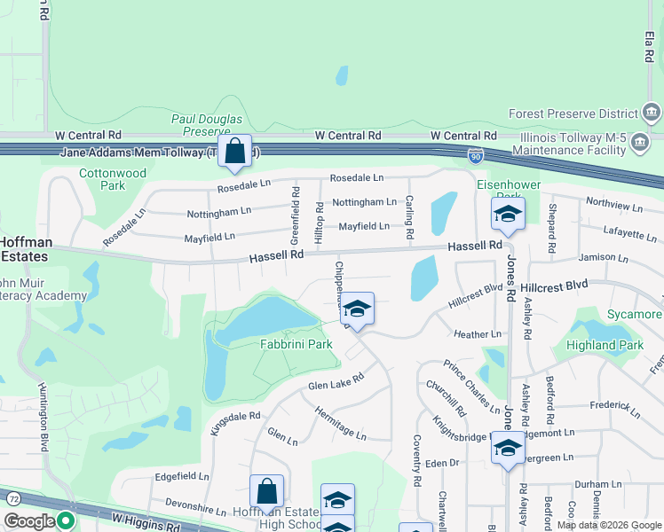 map of restaurants, bars, coffee shops, grocery stores, and more near 1160 Hassell Road in Hoffman Estates