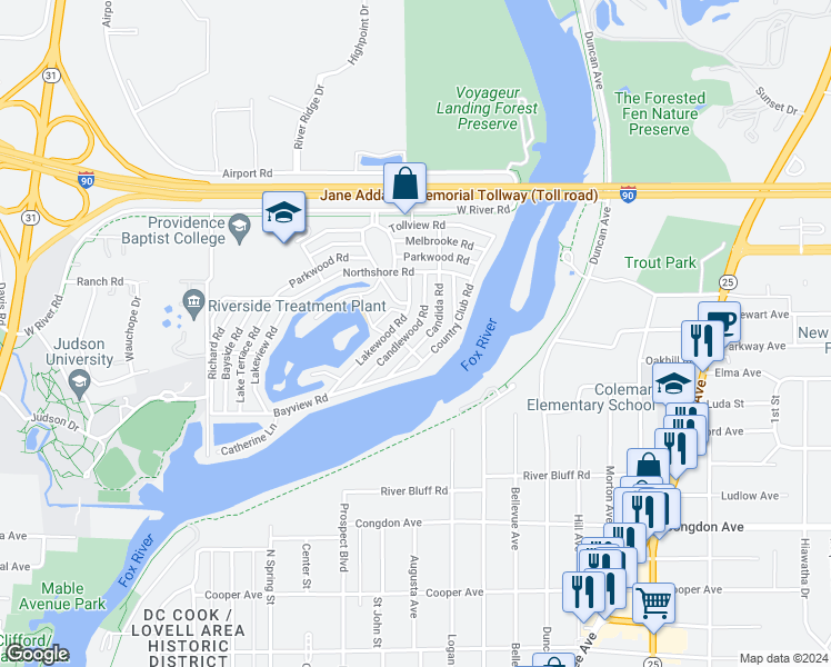 map of restaurants, bars, coffee shops, grocery stores, and more near 1157 Candlewood Road in Elgin