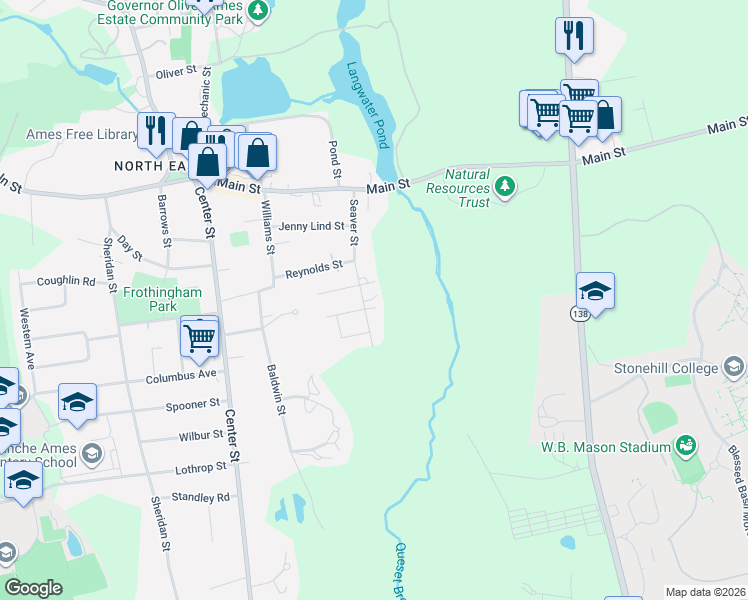 map of restaurants, bars, coffee shops, grocery stores, and more near 42 Seaver Street in Easton