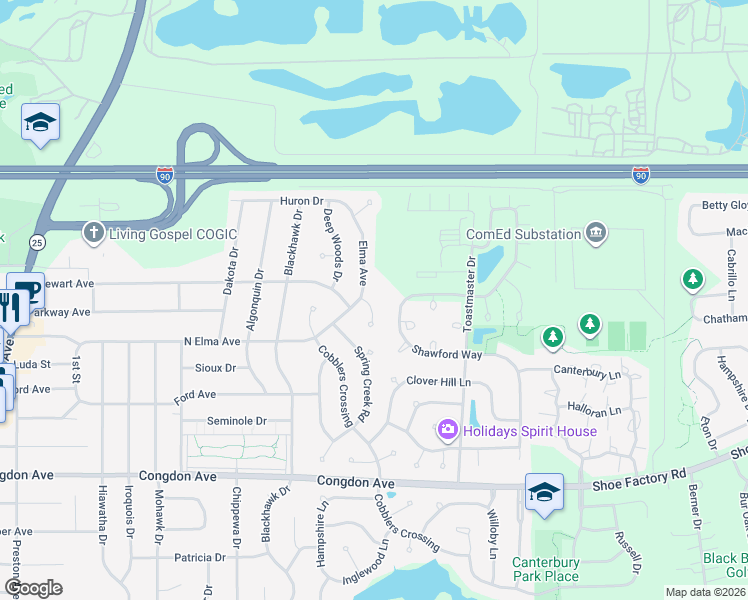 map of restaurants, bars, coffee shops, grocery stores, and more near 1064 Old Creek Court in Elgin