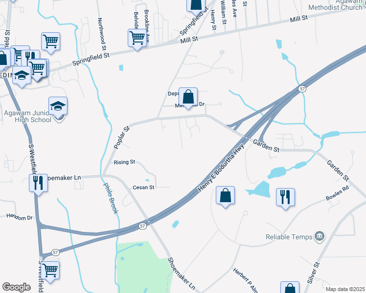 map of restaurants, bars, coffee shops, grocery stores, and more near 53 Orlando Street in Agawam