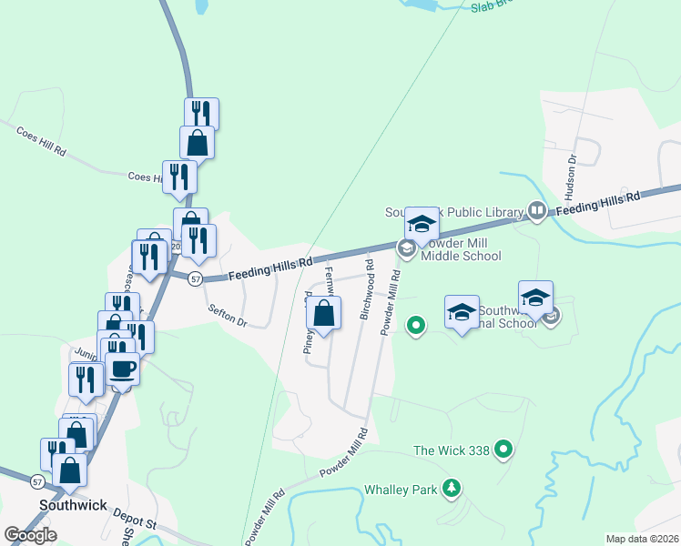 map of restaurants, bars, coffee shops, grocery stores, and more near 41 Feeding Hills Road in Southwick
