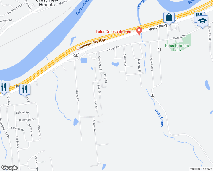 map of restaurants, bars, coffee shops, grocery stores, and more near Jody Drive in Apalachin