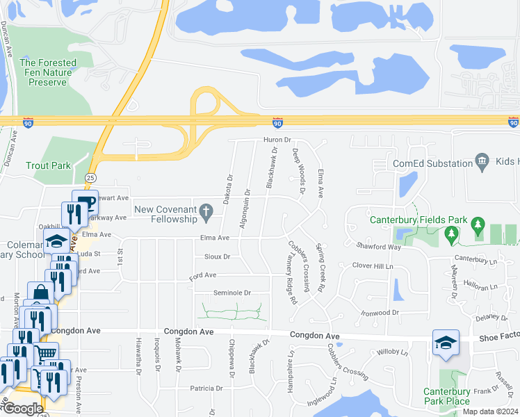 map of restaurants, bars, coffee shops, grocery stores, and more near 1278 Blackhawk Drive in Elgin